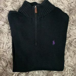Polo 1/4 zip sweater. 100% cotton. Black with purple logo. Pet & smoke free home